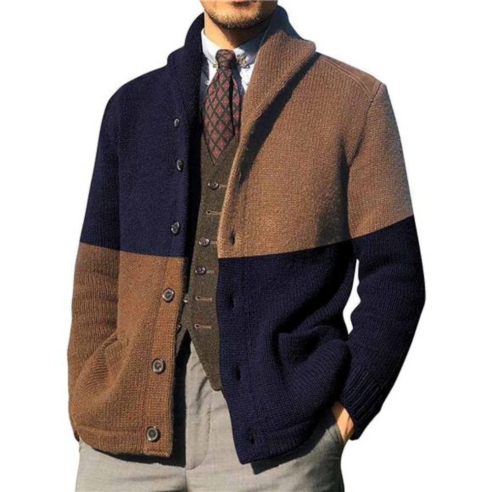 Men's Color Block Cardigan Sweaters Shawl Collar Knitted Long Sleeve